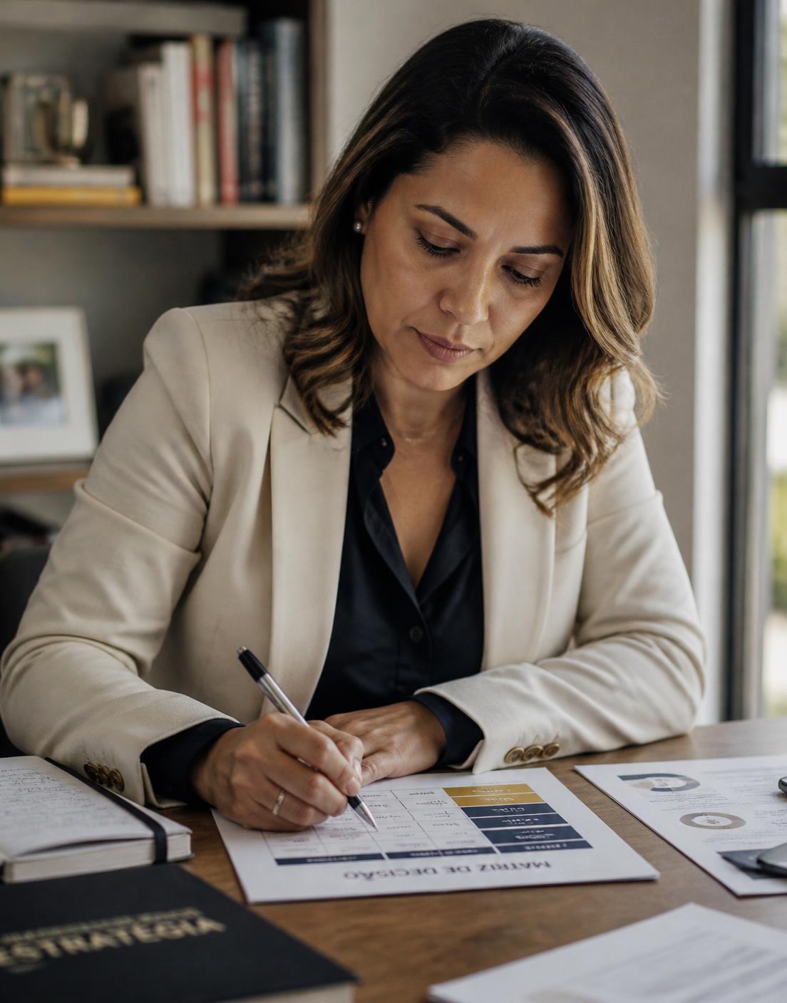 Executiva preenchendo uma matriz de decisão impressa sobre a mesa de trabalho