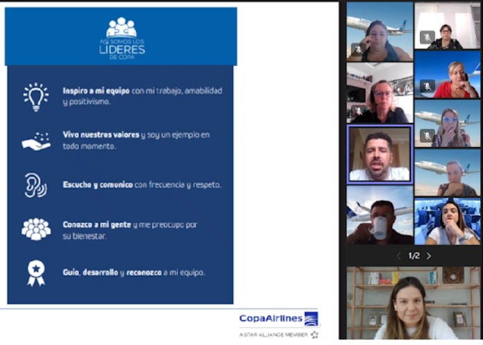 Reunião com o time de líderes da Copa Airlines apresentando os princípios de liderança